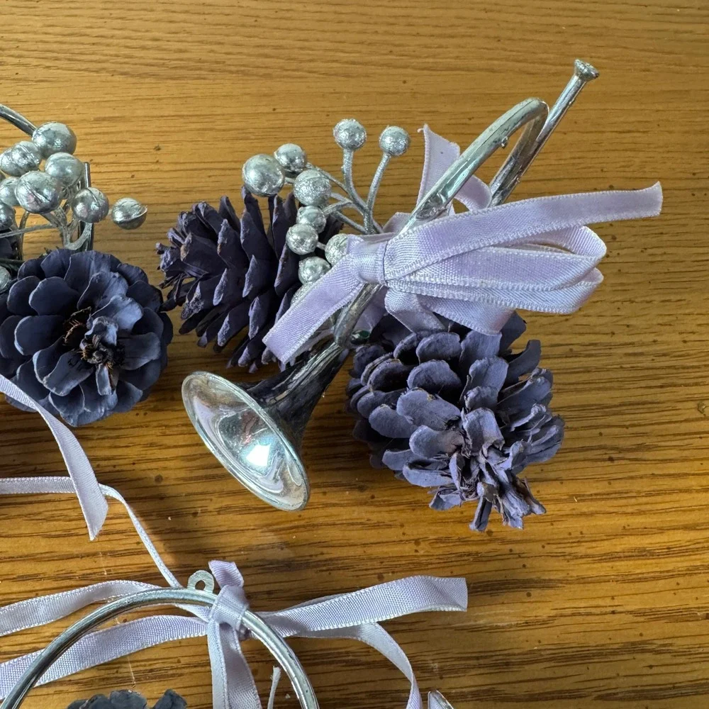 Set of 4 Silver Tone‎ Trumpet Pinecone Holiday Ornaments Purple Lavender Ribbon